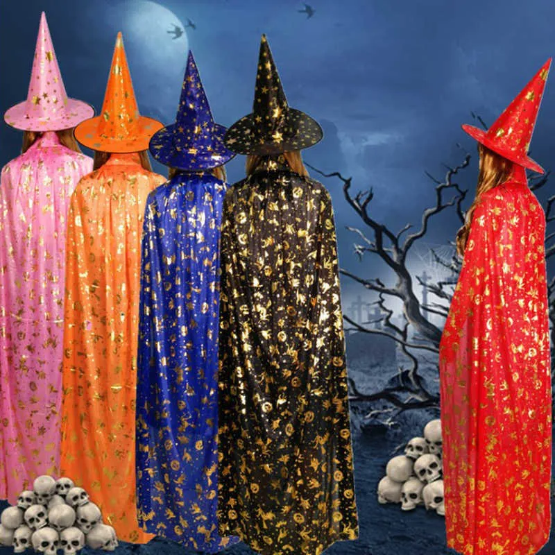 Halloween Kostuums Wizard Heks Mantel Cape Cobe Cap met Puntige Hoed Meisjes Jongens Cosplay Jurk Jassen voor Kinderen Verjaardagsfeestje Q0910