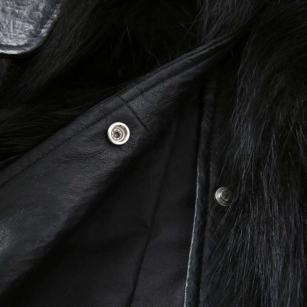 Mode Svart Läder Jacka Kvinnor Kläder Real Fox Pälsrockar Vinter Varm Lady OuterWear Äkta Sheepskin S3504