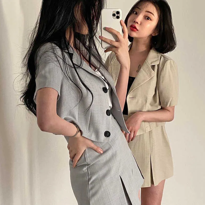 Korejpaa Frauen Sets Sommer Koreanische Chic Temperament Revers Drei Taste Kurzarm Anzug Hohe Taille Tasche Hüfte A-linie Rock 210526