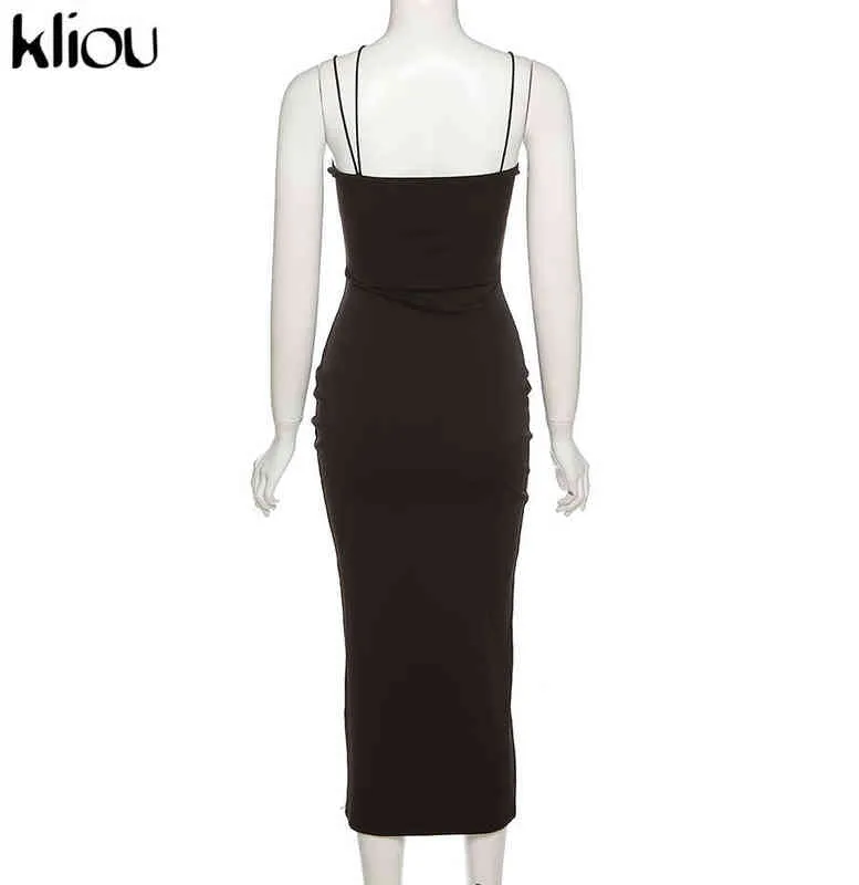 Kliou Elegant Classy Maxi платье женщин эстетические простые нерегулярные ленты камизол без рукавов шеи шеи вечеринка Vestido de Mujer Y1204