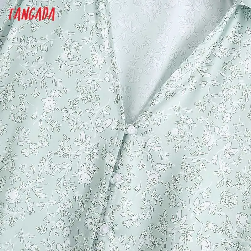 Tangada femmes vert imprimé fleuri lâche confortable Blouses Vintage à manches longues boutonnées femmes chemises Blusas Chic hauts BE794 210609