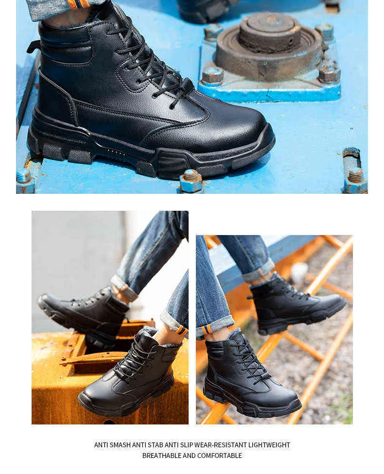 Vinter Plus Velvet High-Top Safety Shoes Steel Toe Cap Anti-Smash Anti-Stab Protection Lätt Bekväma arbetsstövlar 211217