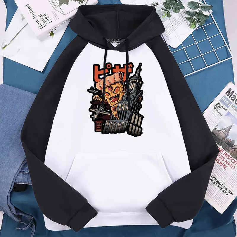 Bina üzerinde Pizza Canavar ayakta Baskı erkek Hoodie Rahat Rahat Sıcak Raglan Erkek Hoodies Büyük Boy Yumuşak Hoody H1218 Tops