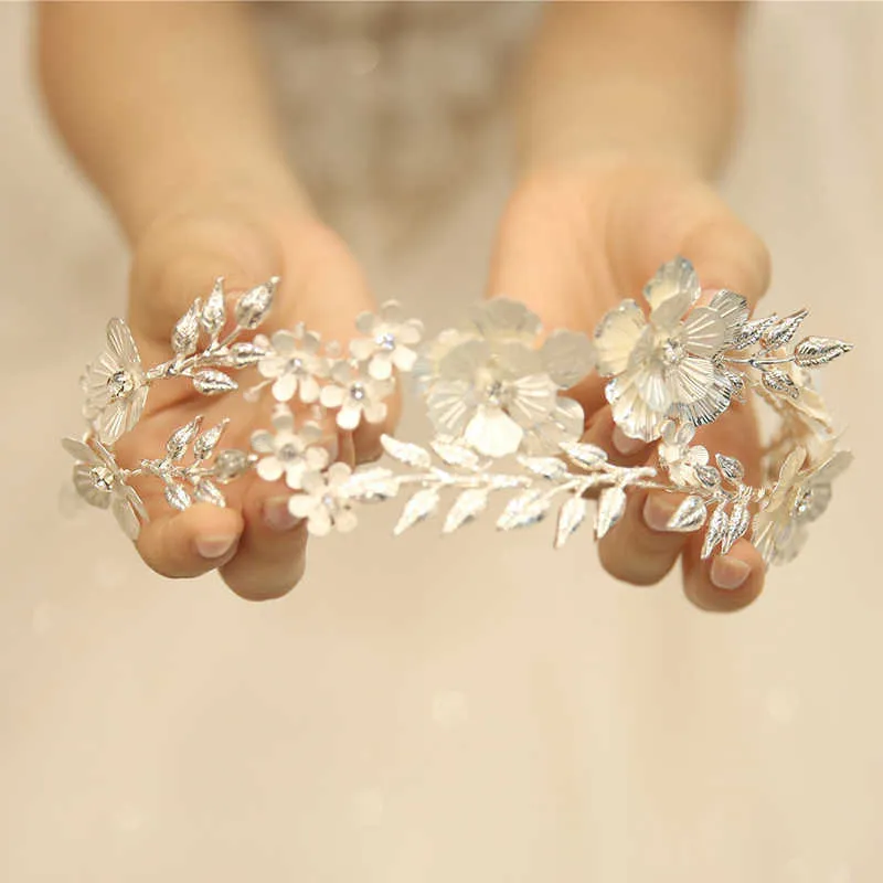 Grande corona nuziale floreale capelli tiara color argento foglia copricapo da sposa fatto a mano da donna festa di ballo gioielli 211019