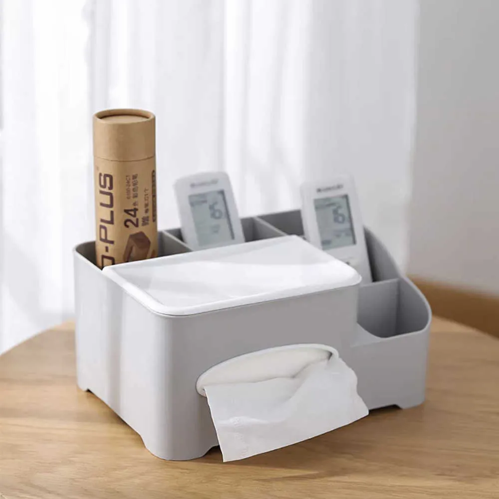 Multifunction Plastic Tissue Box Desk Organizer Makeup Cosmetic Storage Sundries Container for Home 210818