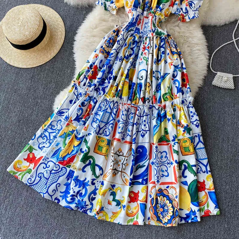 Femme Boho Midi Robe Été Sexy Hors Épaule Puff Manches Vintage Robes Femmes Slim Une Ligne Imprimé Parti Longue Robe Robes 210525