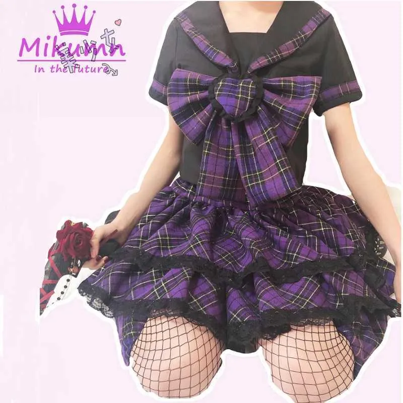 Japanese Harajuku Girls Purple Plaid Pleated Skirts Gothic Punk Sweet Lolita Cake Mini Skirt Ball Gown Women Kawaii Short 210629