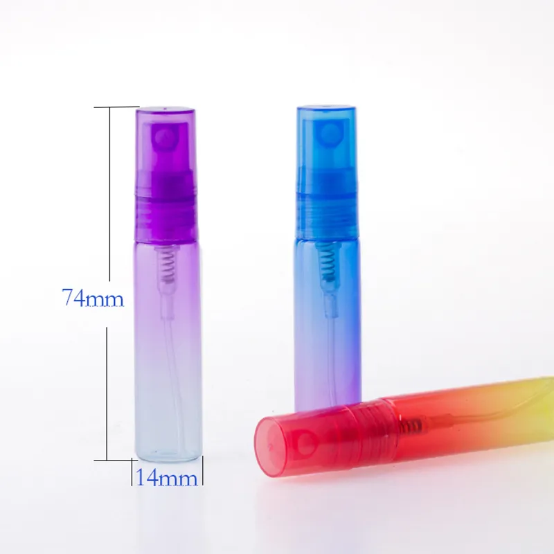 香水サンプルのプラスチックグラデーションカラーポータブル香水アトマイザーのための5ml * 100ピースの小さなスプレーボトル