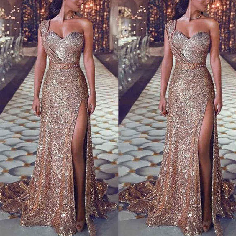 Женское сексуальное платье на одно плечо с высоким разрезом, асимметричное платье 2022, новая мода, блестящие длинные вечерние платья с пайетками, женское элегантное вечернее платье Y1212