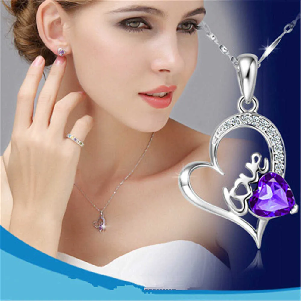 Crystal Womens Necklaces Pendant Amethyst Silver Plated love short women's heart-shaped girlfriend gold