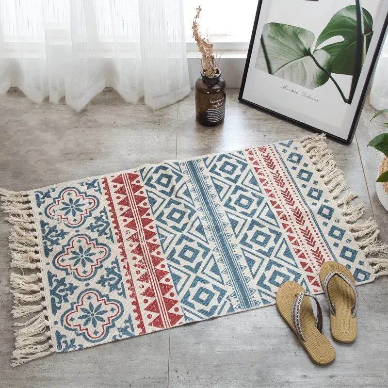 Retro Bohemian Teppich Handgewebte Baumwolle Leinen Teppich Teppich Nachttisch Teppich Geometrische Bodenmatte Wohnzimmer Schlafzimmer Teppich Home Decor 210317