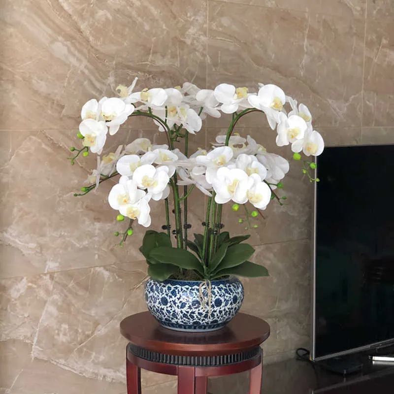 Grandi orchidee artificiali PU Real Touch Hand Set Vetro artificiale Grande composizione di fiori artificiali Nessun vaso Decorazione domestica 210624