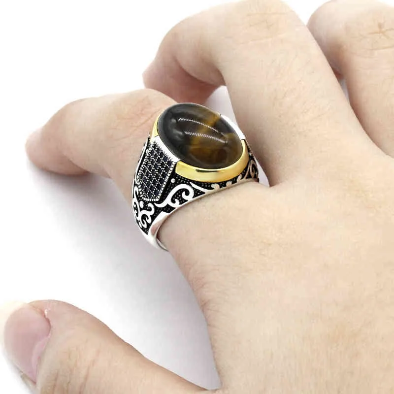 Genuine sterling silver antique Turkish ring with stone tiger eye men039s colorful punk rock jewelry3915200