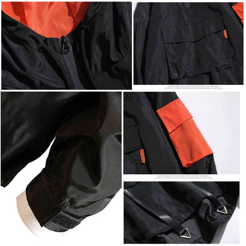 Erkek Ceket Mont Streetwear Techwear Kapşonlu Su Geçirmez Rüzgarlık Rahat Dış Giyim Hip Hop Çok cep Japon Palto 211.026
