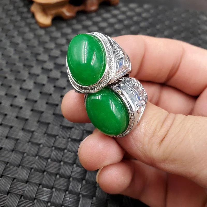 Bagues de cluster Green Emerald Jade Silver Bague Hommes Fine Bijoux Véritable Naturel Certifié Jades Pierre Accessoires Bijoux Pour Male314F