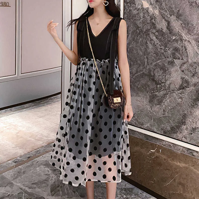 PERHAPS U Black Polka Dot Mesh Patchwork A Line Knee Length Dress Sleeveless Tank V Neck Zipper Dress Elegant Summer D1747 210529