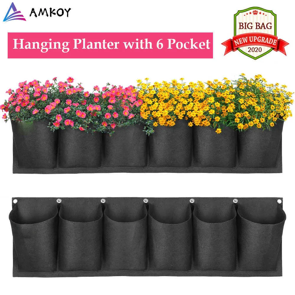 AMKOY Suspendu Jardin Pot De Fleur Planteur 6 Poches Disposition Étanche Mur Vertical Suspendu Sacs De Plantation Mur Extérieur Intérieur 210615