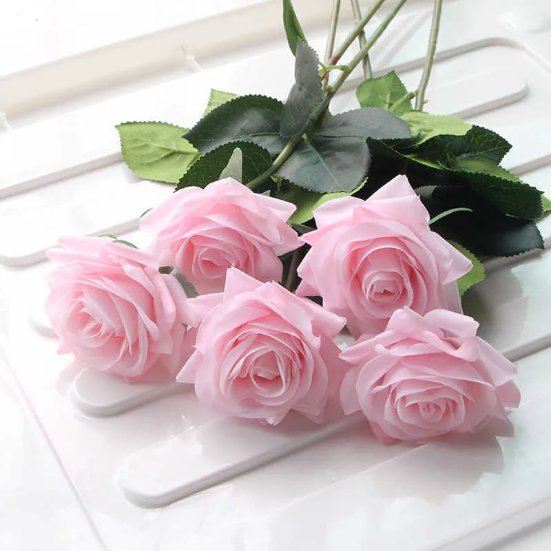 Real Touch Rose Ramo Haste Látex Rose Mão Sentir Sentido Simulação Decorativo Silicone Artificial Rose Flores Casa Casa Y0728