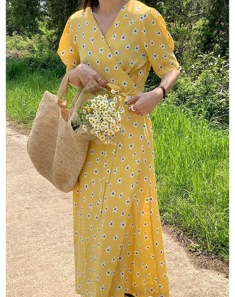 Vintage Elegant Lace Up Waist One Pieces V Nacke Temperament Chiffon Floral Dress Kvinnor Kortärmad Sommar Koreanskt Chic Sweet 210610