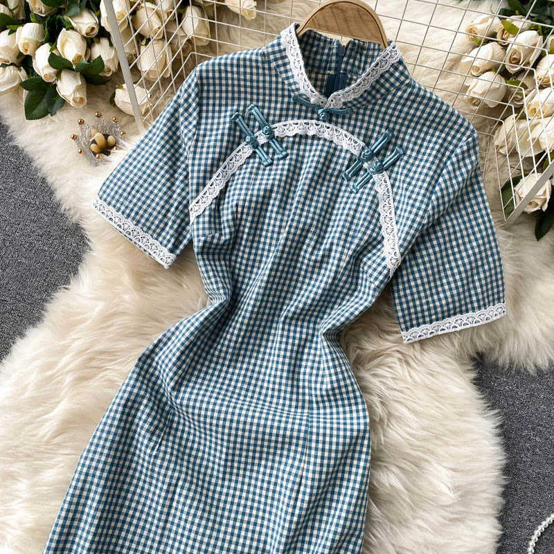 Vêtements de printemps de mode Femmes Stand Neck Plaid Plaid Plain Sleeve Elegant Robe Vestidos de Mujer Q997 210527