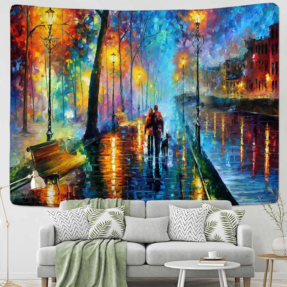 Cadeau Saint Valentin Tapisserie Van Gogh Peinture À L'huile Vue De Nuit Tenture Romantique Amour Couple Boho Gypsy Décor À La Maison Tapisserie 210609