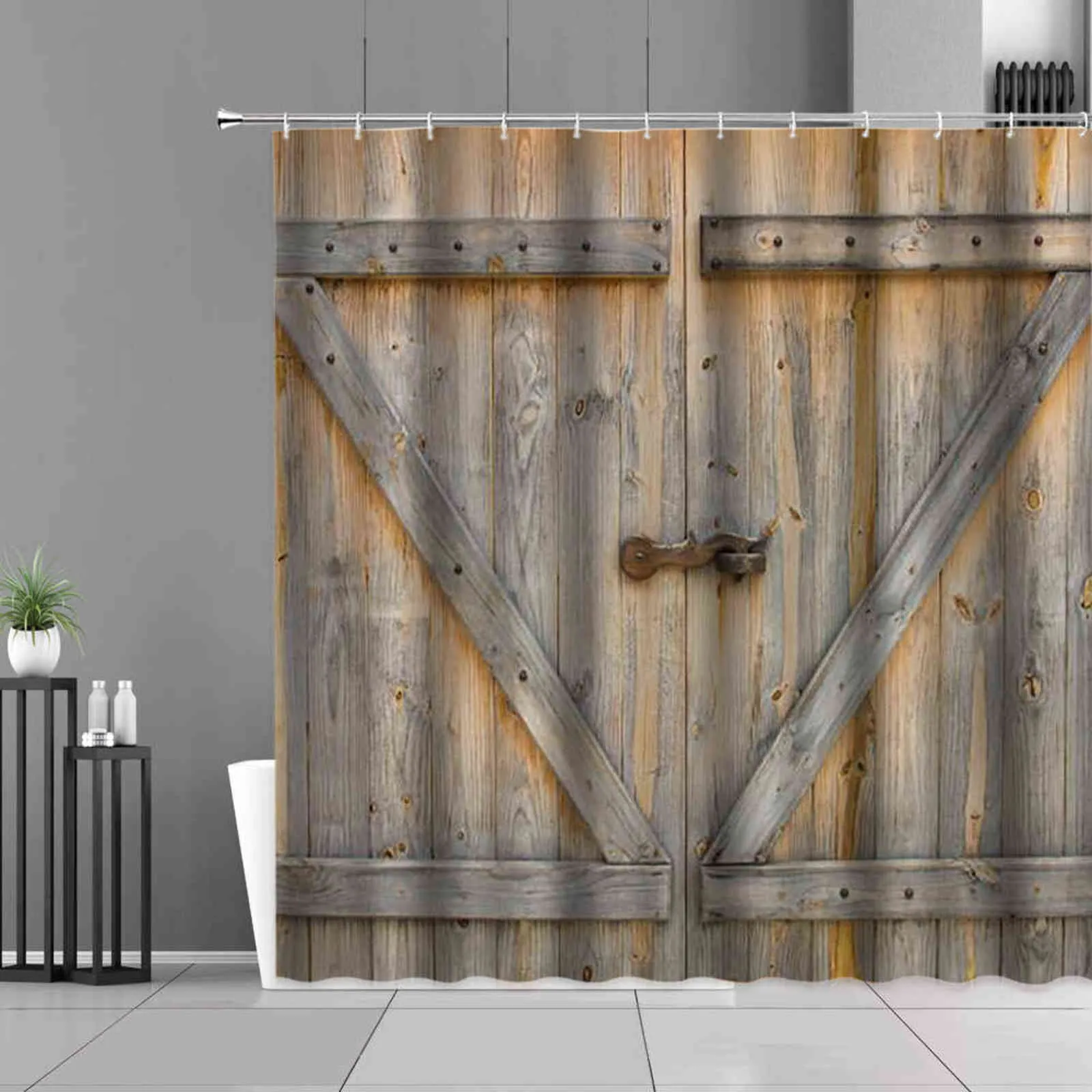 Old Vintage Wood Door Waterproof Shower Curtains Retro Bathroom Decor Hanging Curtain Set Bath Screen Home Decoration Wall Cloth 211115