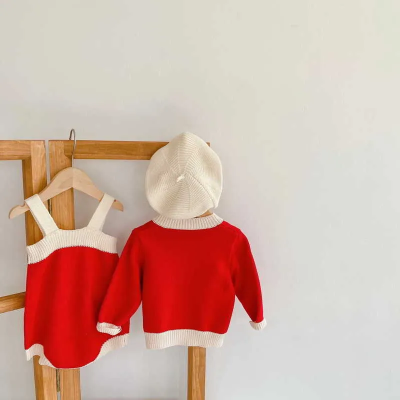 Printemps bébé filles 2 pièces ensembles laine fronde rouge body + pull manteau dame Style né vêtements E6032 210610