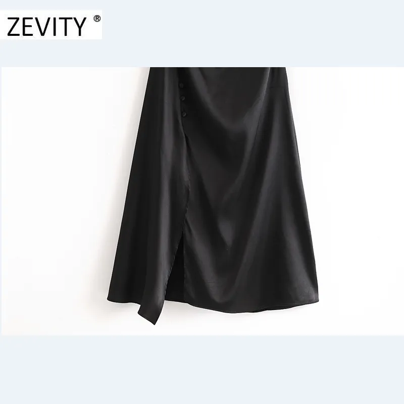 Zevity Women Elegant Solid Color Button Decoration Split Sling Dress Female Inner Style Vestido Chic Backless Dresses DS4350 210303