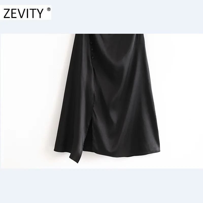 Zevity女性エレガントなソリッドカラーボタン装飾スプリングスリングドレス