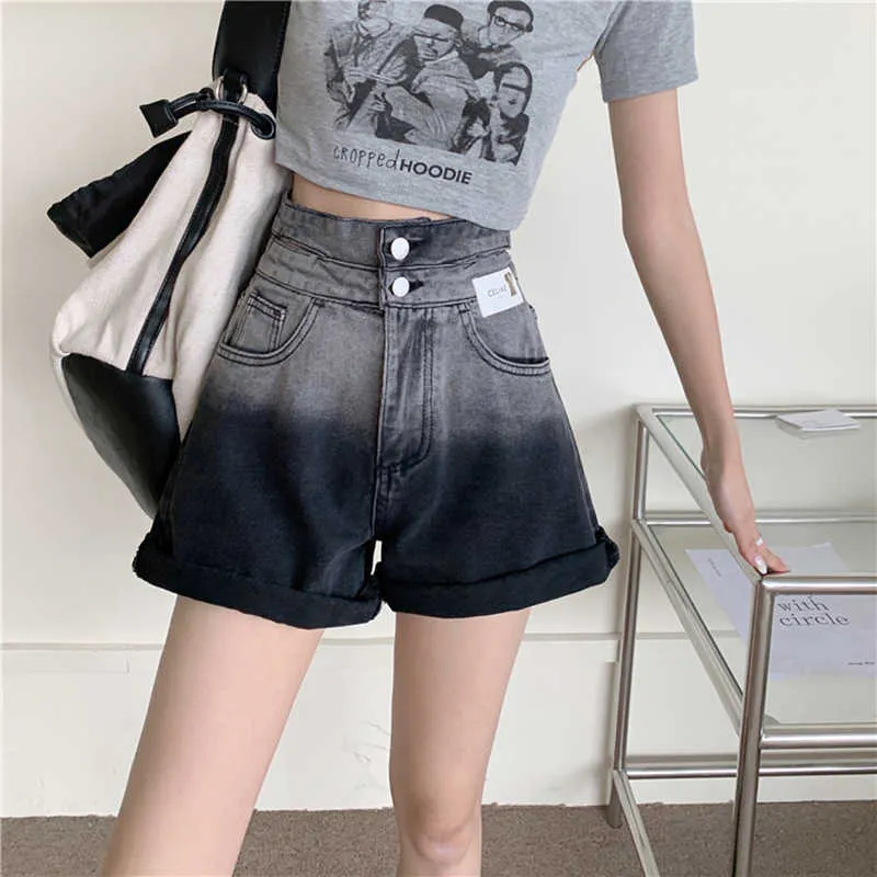 SURMIITRO Été Mode Bleu Noir Dégradé Denim Shorts Femmes Style Coréen Taille Haute Jeans Femme Pantalon Court 210712