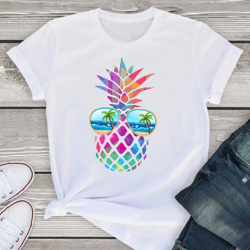 Mulheres Gráfico Manga Curta Manta Abacaxi Praia Moda Verão Senhora Mulheres Vestuário Tops Camisa Camisa T-shirt Feminino Camiseta X0527