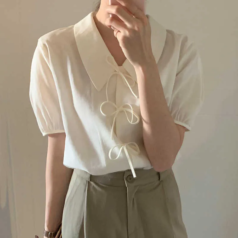 Korejpaa Dames Shirt Zomer Koreaanse Chique Dames Minimalistische Niche Revers Tie Bow Design Losse Solid Color Puff Sleeve Blouses 210526