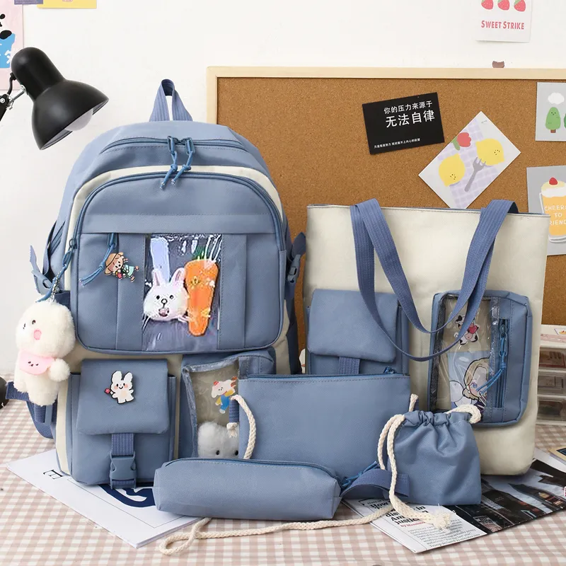 5 pièces ensemble sac à dos scolaire pour adolescentes sac de fille mignonne avec jouets grande capacité voyage femmes cadeaux