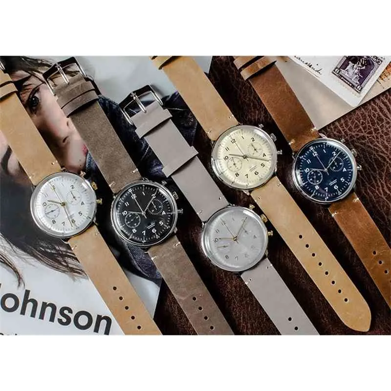 Deutschland Bauhaus-Stil mechanische Chronographenuhr Edelstahl Vintage einfache Armbanduhr287F