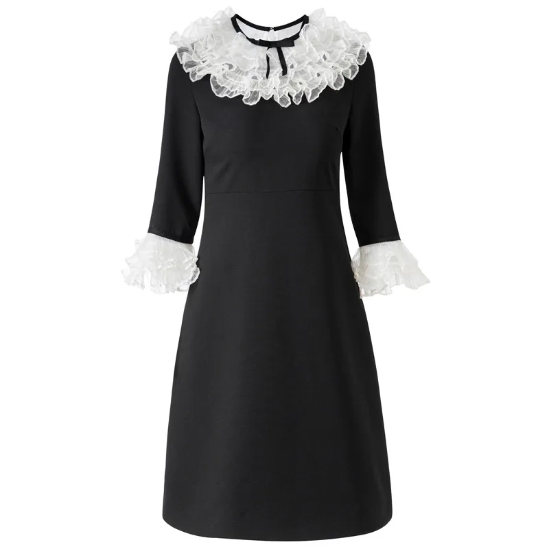 2021 Fall Autumn 3/4 Sleeve Round Neck Black Contrast Color Ribbon Tie Bow Panelled Short Mini Dress Elegant Casual Dresses 21G136296