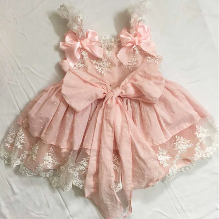 Çocuk Butik Giyim Küçük Kızlar İspanyol Pembe Dantel Elbiseler Bebek Kız İspanya Lotia Frocks Bebek Yaz Vaftiz Elbise 210615