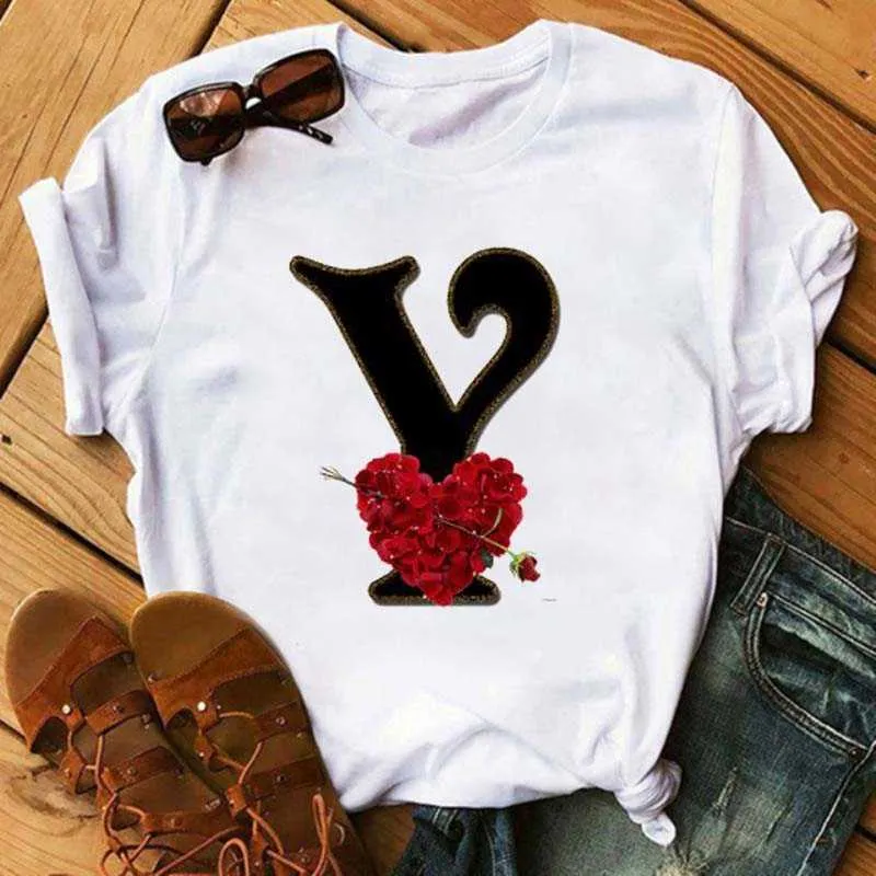 Nom personnalisé Lettre Lettre Combinaison Femmes T-shirt Rose Fleur Lettre Fonte A B C D Imprimer Tee à manches courtes TEE TEE TEE FEMME T-shirt Vêtements x0527