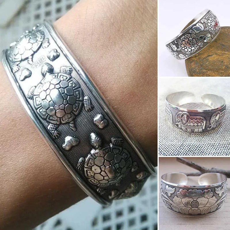 Chinese Vintage Silvery Tibetan Bracelet Carved Wide Bracelet Elephant Tortoise Flower Vintage Charm for Women Ethnic Jewelry Q0719