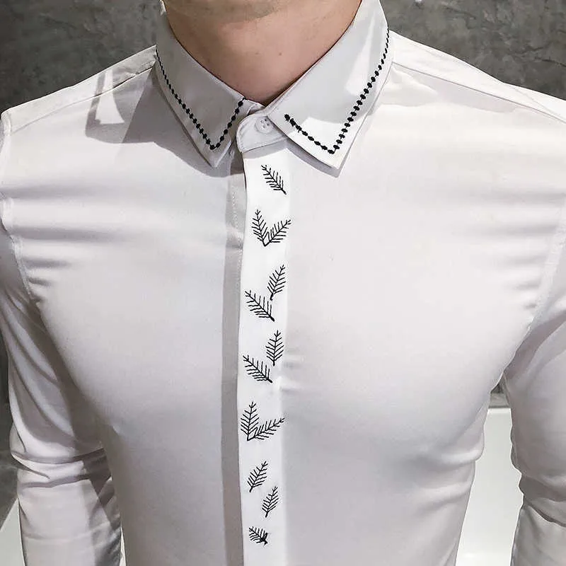 刺繍葉男性のシャツ長袖カジュアルブラックホワイトシャツスリムフィットフォーマルドレスブラウスストリートウェアカミサスパラホームブレ210527