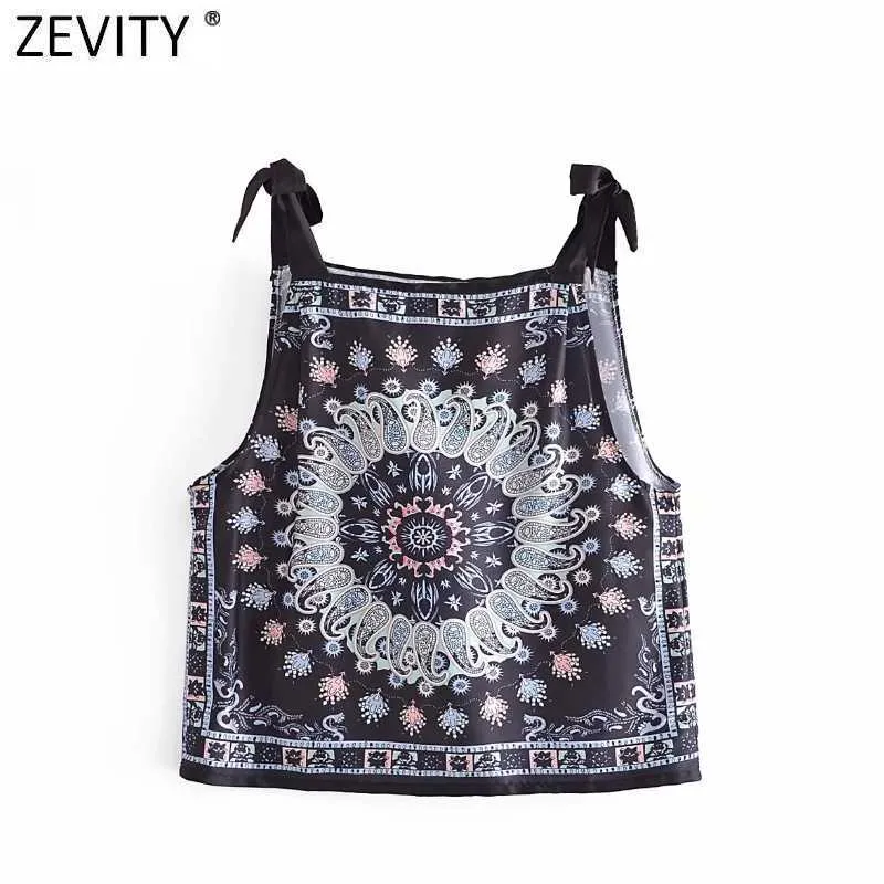 Zevity Women India Folkposition Totem Floral Print Chic Sling Camis Tank Damer Summer Bowknot Strap Vest Crop Tops LS9263 210603