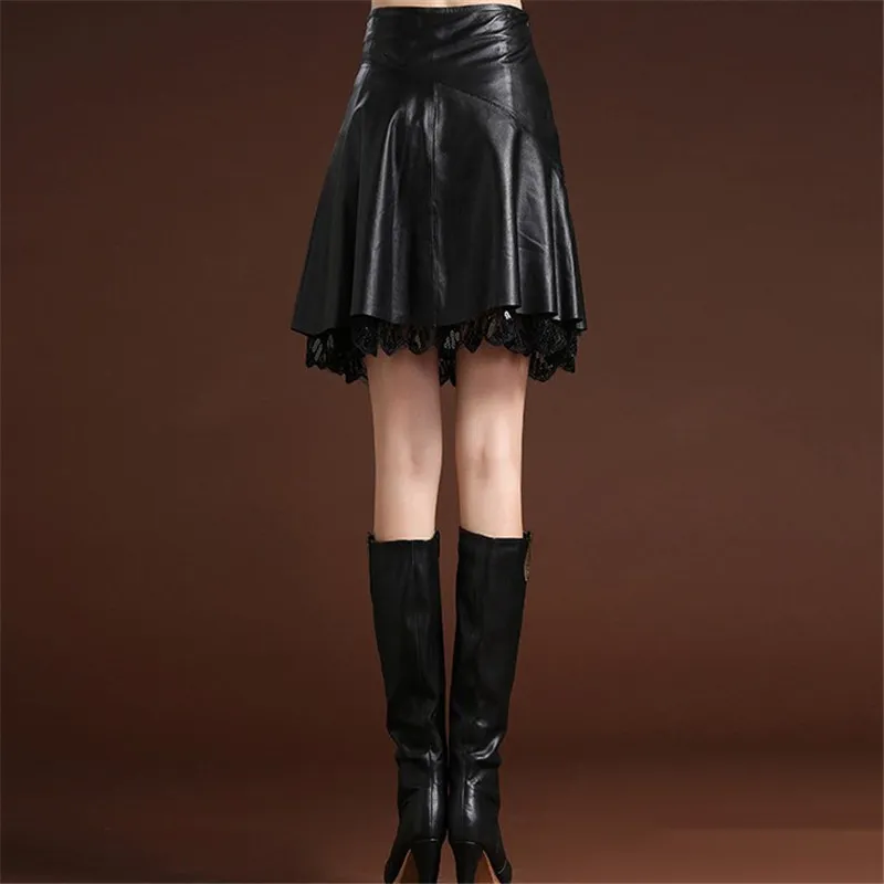Женская кожаная юбка Кружева сексуальная винтажная пш -мини -юбка черная высокая талия повседневная мода базовая юбка Femme Streetwear P122 Size XL