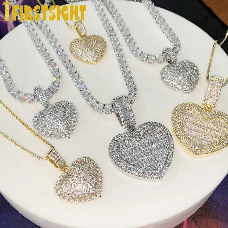 Girocollo con ciondolo cuore color argento HipHop completamente ghiacciato Cubic Zirconia 5A CZ Pietra Collana con catena da tennis Gioielli da donna 2107212326