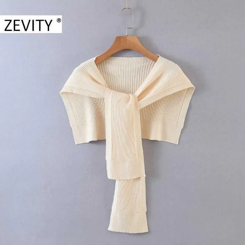 Zevity Women Fashion Solid Color Knitting Wrap Sweater Chic Autumn Shawl Female Leisure Knotted Short Swing Tops S452 210603