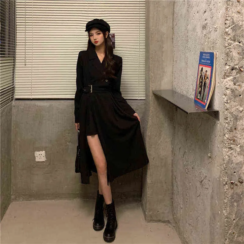 Vintage Punk Bandage Maxi Dresses for Women Streetweear Balck Long Blazer Dress with Belt Korean Fashion Style Long Sleeve Dress Y1204