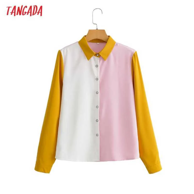 Tangada Mujeres Color Block Camisas de gasa Manga larga Elegante Oficina Damas Ropa de trabajo Blusas BC51 210609