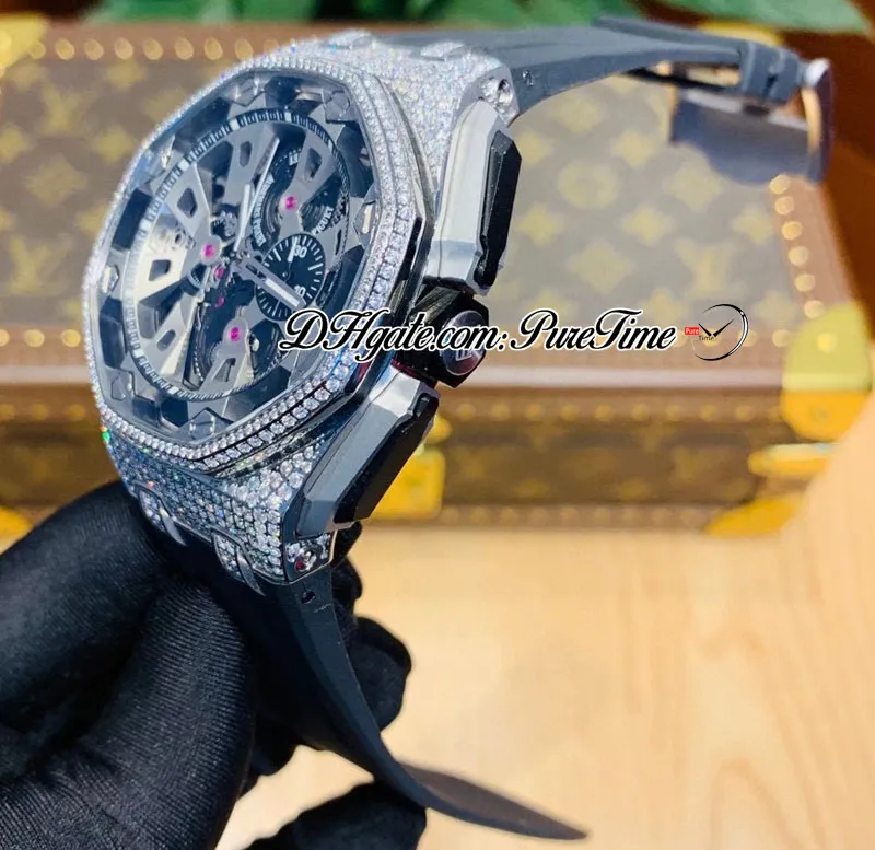 Concept Flying Tourbillon Miyota Кварцевый хронограф Мужские часы с бриллиантами Корпус скелетонизированный циферблат Золотой внутренний черный резиновый секундомер 239b