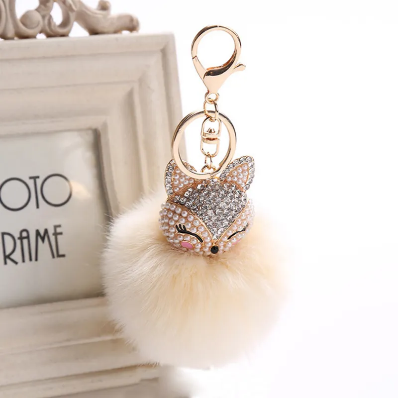 Fox Fur Head Pompons Pluszowa Brelok Brelok Z Sztuczną Inlay Pearl Kryształ Rhinestone Klucz Ring Talizman Kobiet Torba Wystrój Wystrój