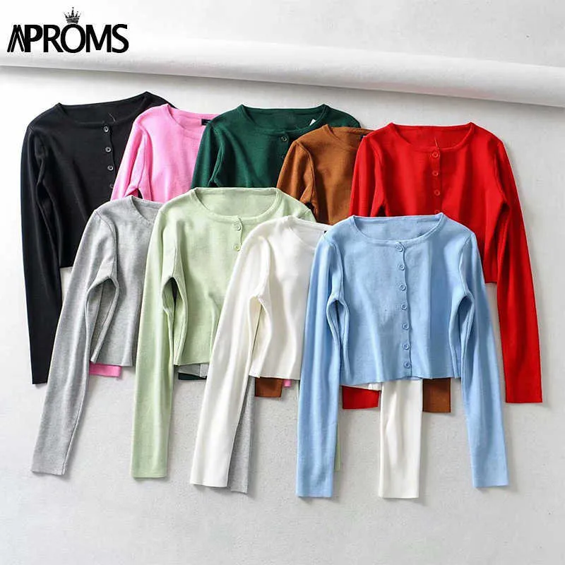 Aproms Candy Color Ribbed Knitted Cardigan Women Autumn Winter Long Sleeve Basic Cropped Seaters女性カジュアルショートジャンパートップ210917