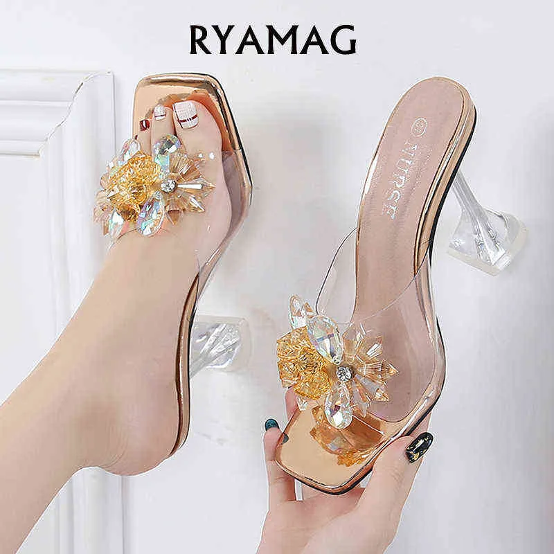 Sandals RYAMAG Women Summer New Crystal Flower Flip-flops Stage Catwalk Sheos Pumps Banquet High-heeled Slippers Big Size 220121