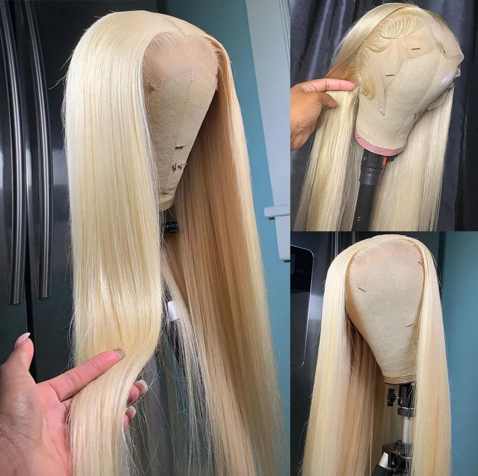 32 34 Inch 13x4 Straight Hair 613 Blonde Bone Straight Human Hair Wig Colored No Glue Front Closure T Section Women Wigs Natural H3976588